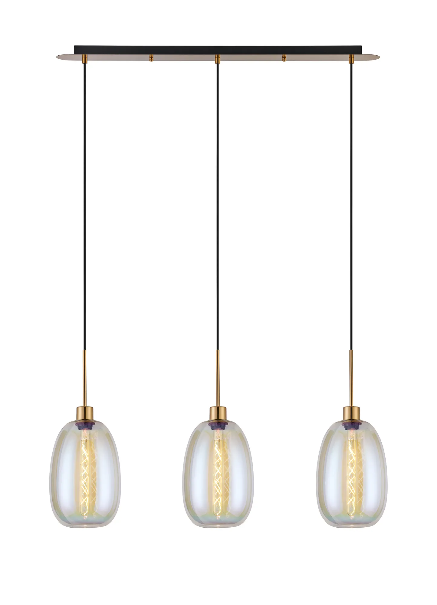 DK1206  Lori Linear Pendant, 3 Light Adjustable E27, Antique Gold/Iridescent Slim Curved Trapezium Shades